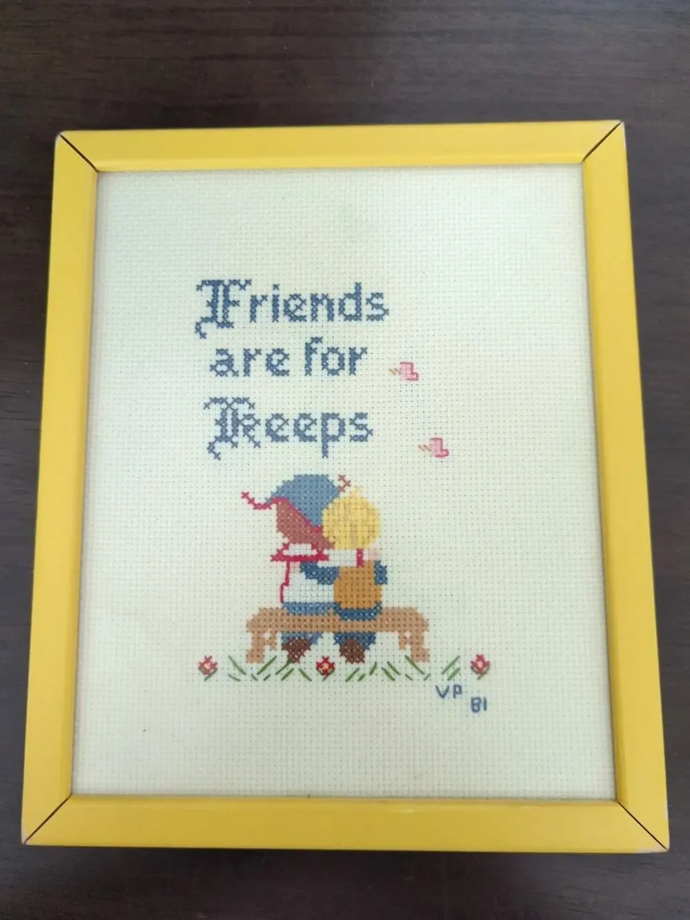 Vintage 81 Completed Framed w/glass cross stitch FRIENDS ARE FOR KEEPS 7.5”x9”